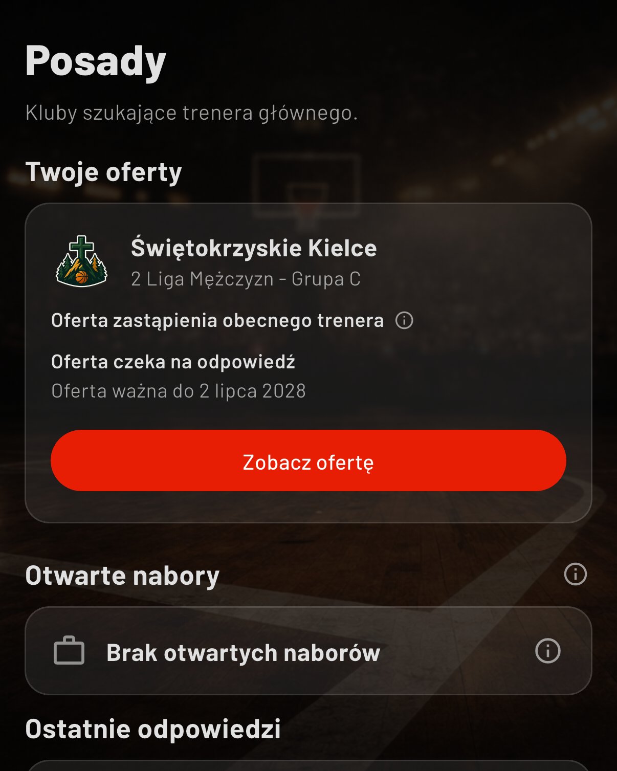 Basket Manager, ekran Posady: oferta zastąpienia trenera w drugiej lidze i kluby szukające trenera głównego