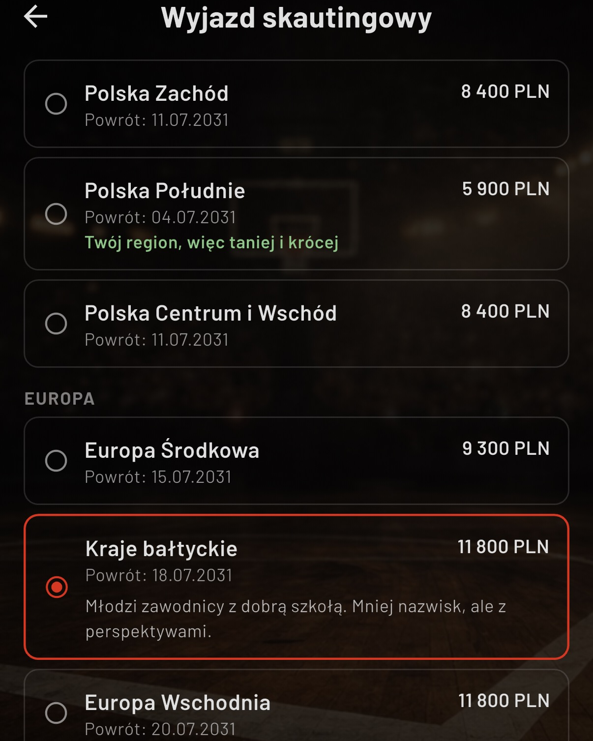 Basket Manager, ekran wyprawy skautingowej: wybór kierunku, czas i koszt wyjazdu