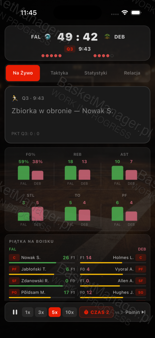 Basket Manager - silnik meczowy na żywo ze statystykami i piątką na boisku