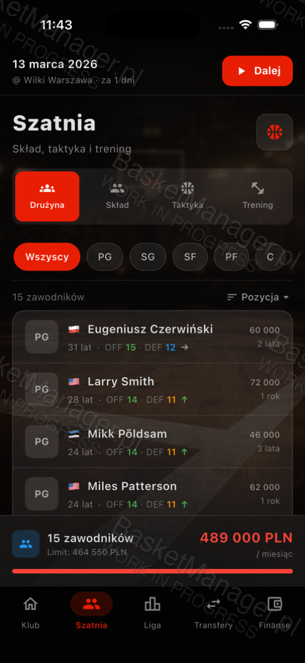 Basket Manager - widok szatni z listą zawodników i kontraktami